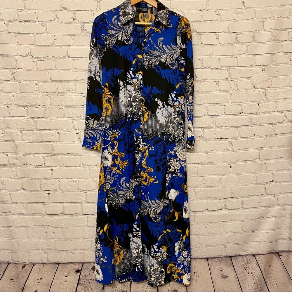 Attitudes by Renee Regular Duster & Maxi Dress Set Botanical Navy Size XS New